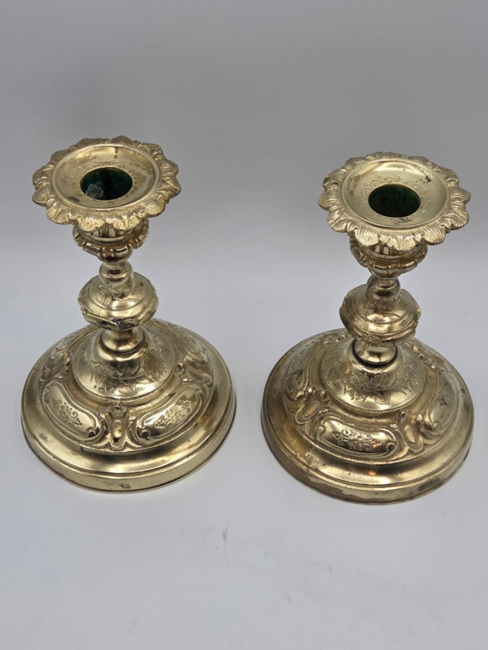 Vintage ornate brass candle holders with matching removable bobeches (drip pans)